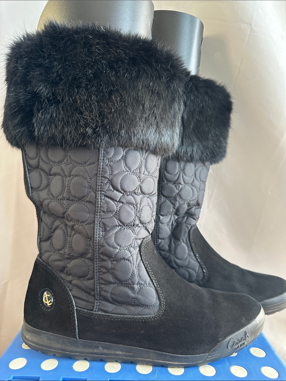 Coach Talen Black Quilted and  Suede Winter Boots with Rabbit Fur Cuff